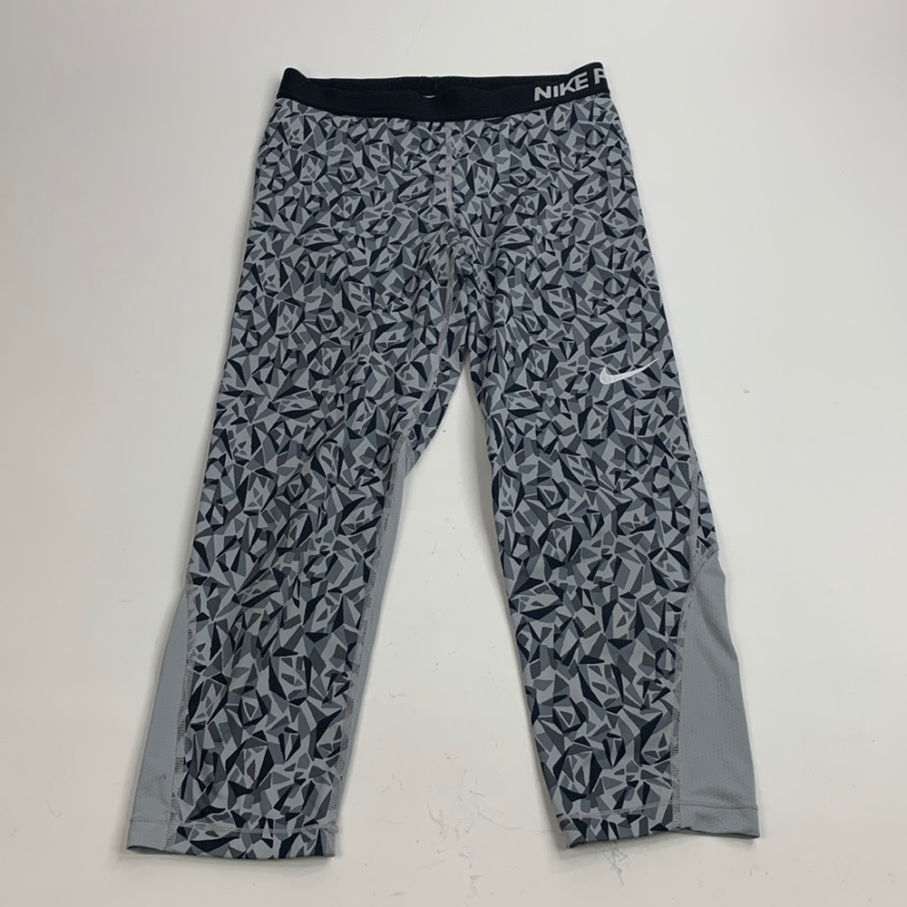 Nike Pro Crop Leggings Size Medium Gray Silver Black Stretch Nike Logo